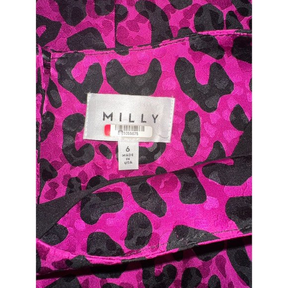 Milly Leopard Dress Womens 6 Pink Fuchsia Silk Animal Print Puff Sleeve Shift Mi - Picture 6 of 9